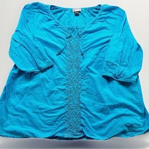 Catherines 2X Blue Woven Cotton Crochet Trim Peasant Tunic Top 22/24W